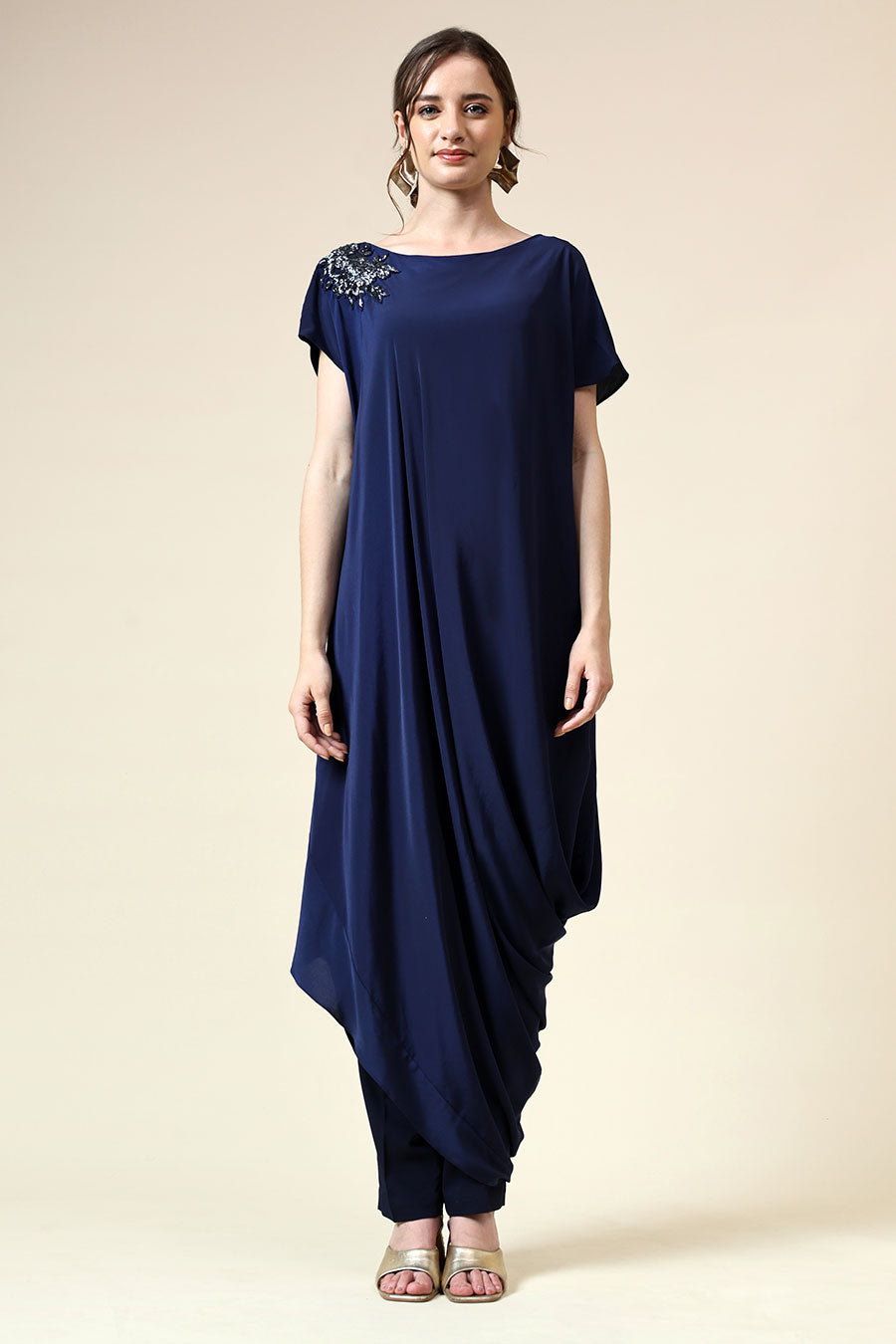 Navy Crystal Embellished Draped Co-Ord Set