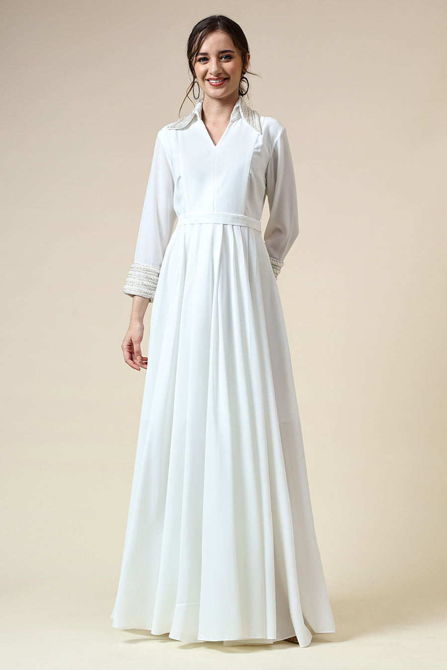 Shop White Pearl Embellished Gown Dress by AAKAAR at House of Designers