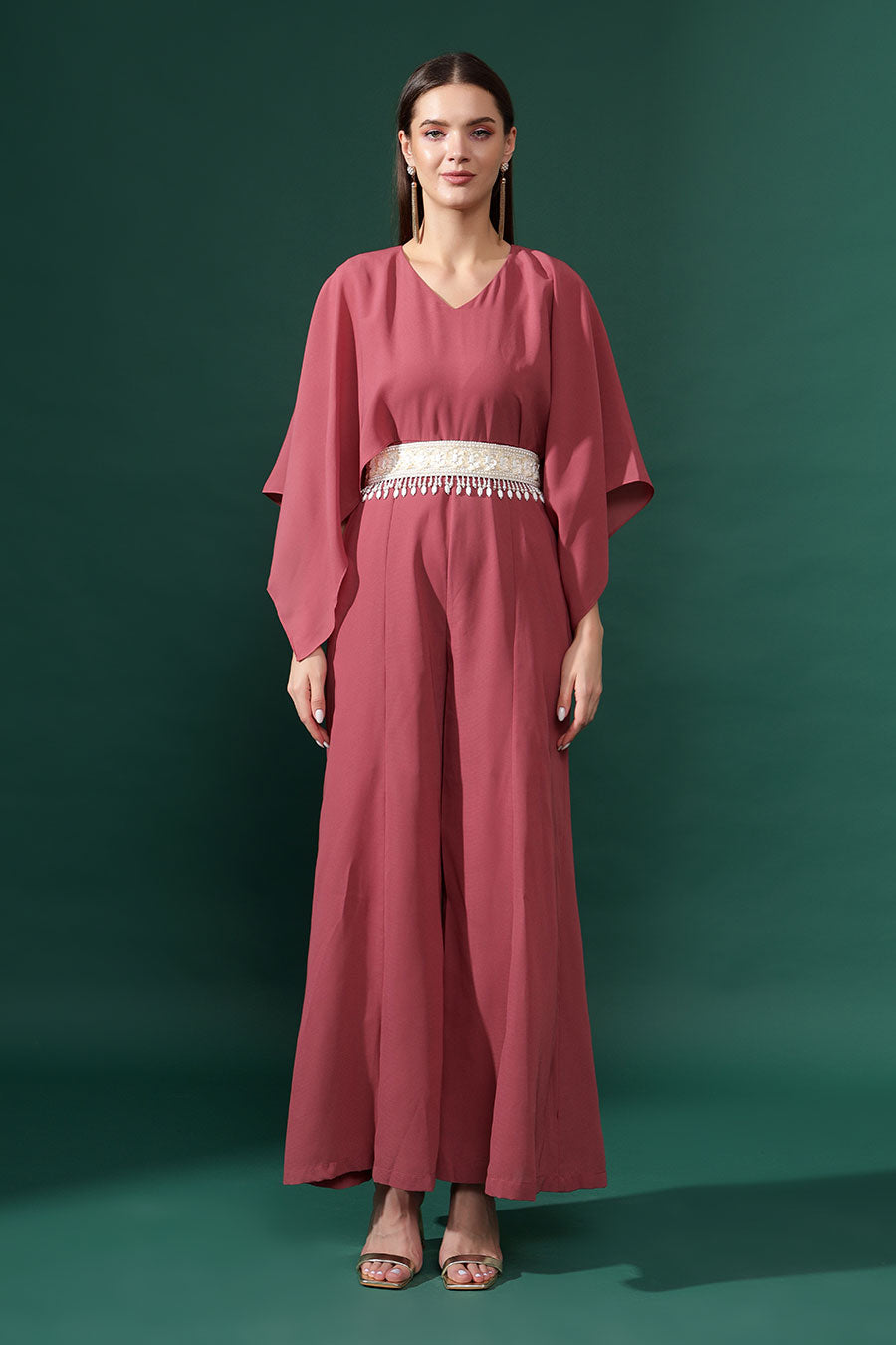 Cup Cake Pink Jumpsuit With Pearl Embellished Belt