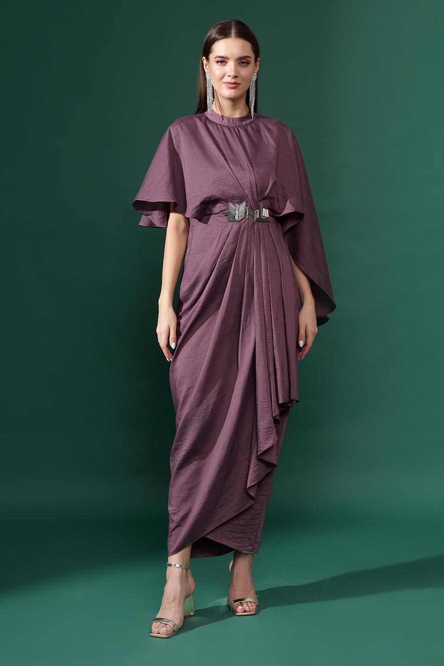 Purple Cotton Silk Embellished Drape Dress