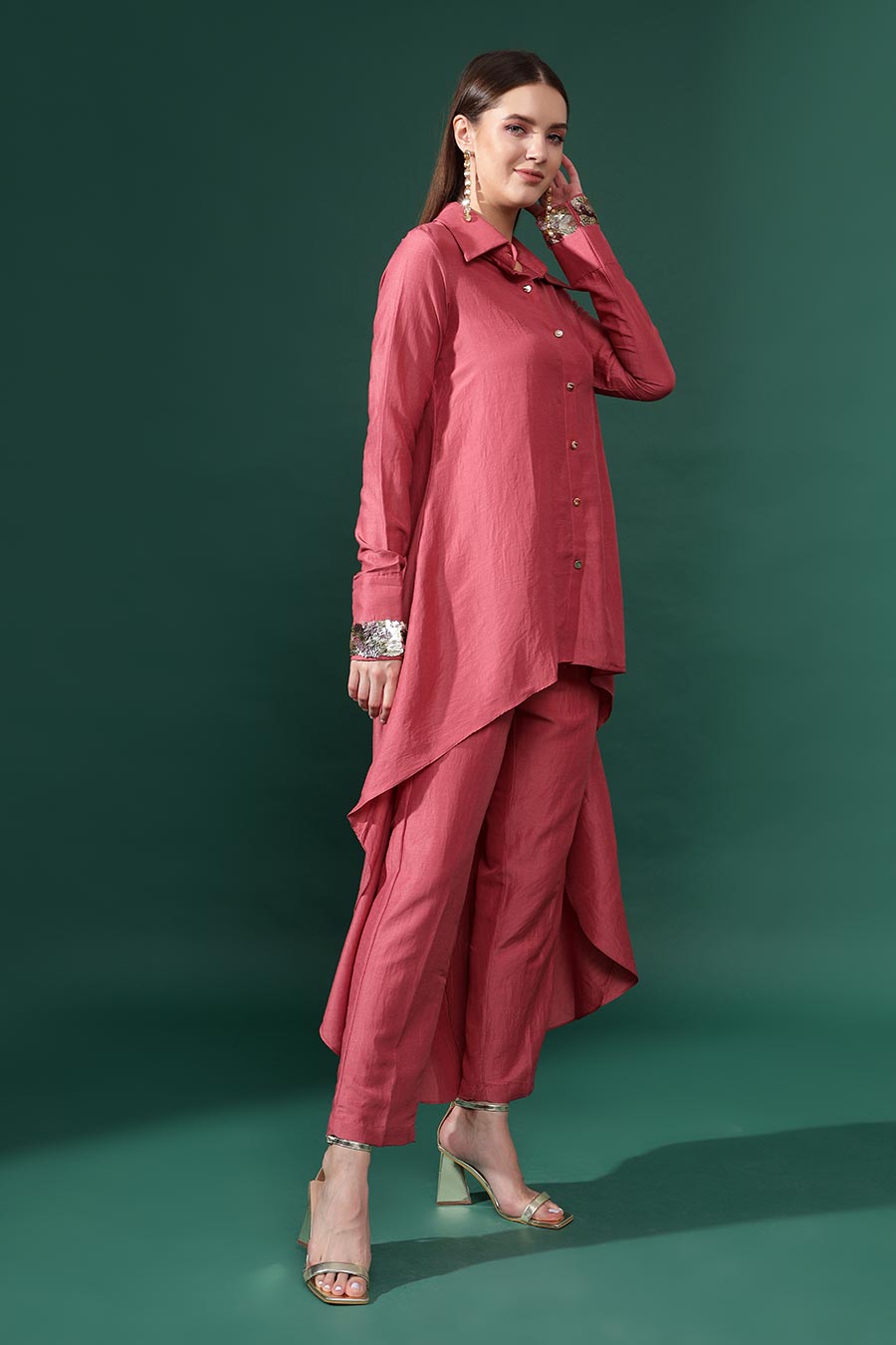 Pink Cotton Silk Cuff Embellished Co-Ord Set