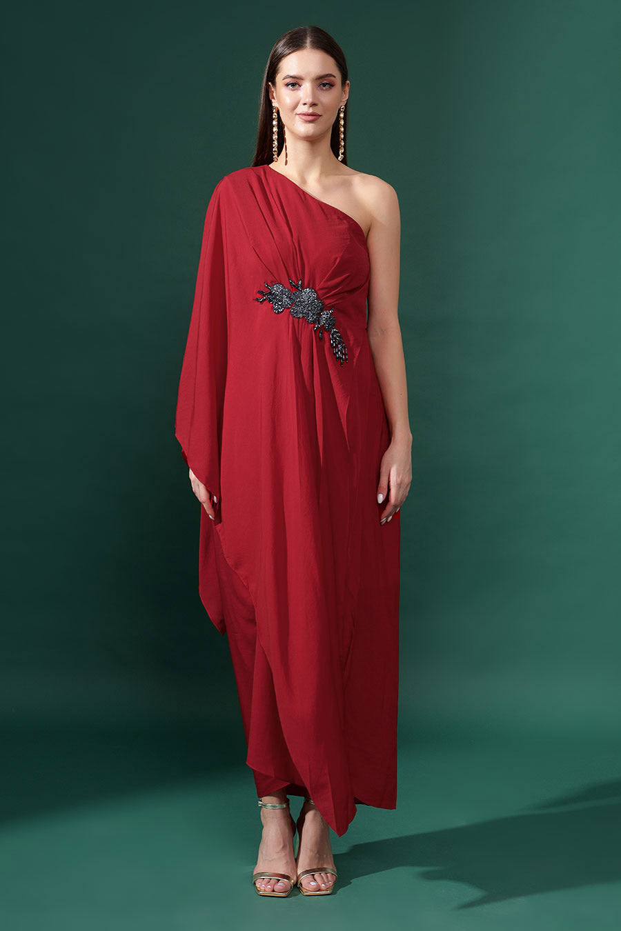 Red One-Shoulder Embellished Drape Dress