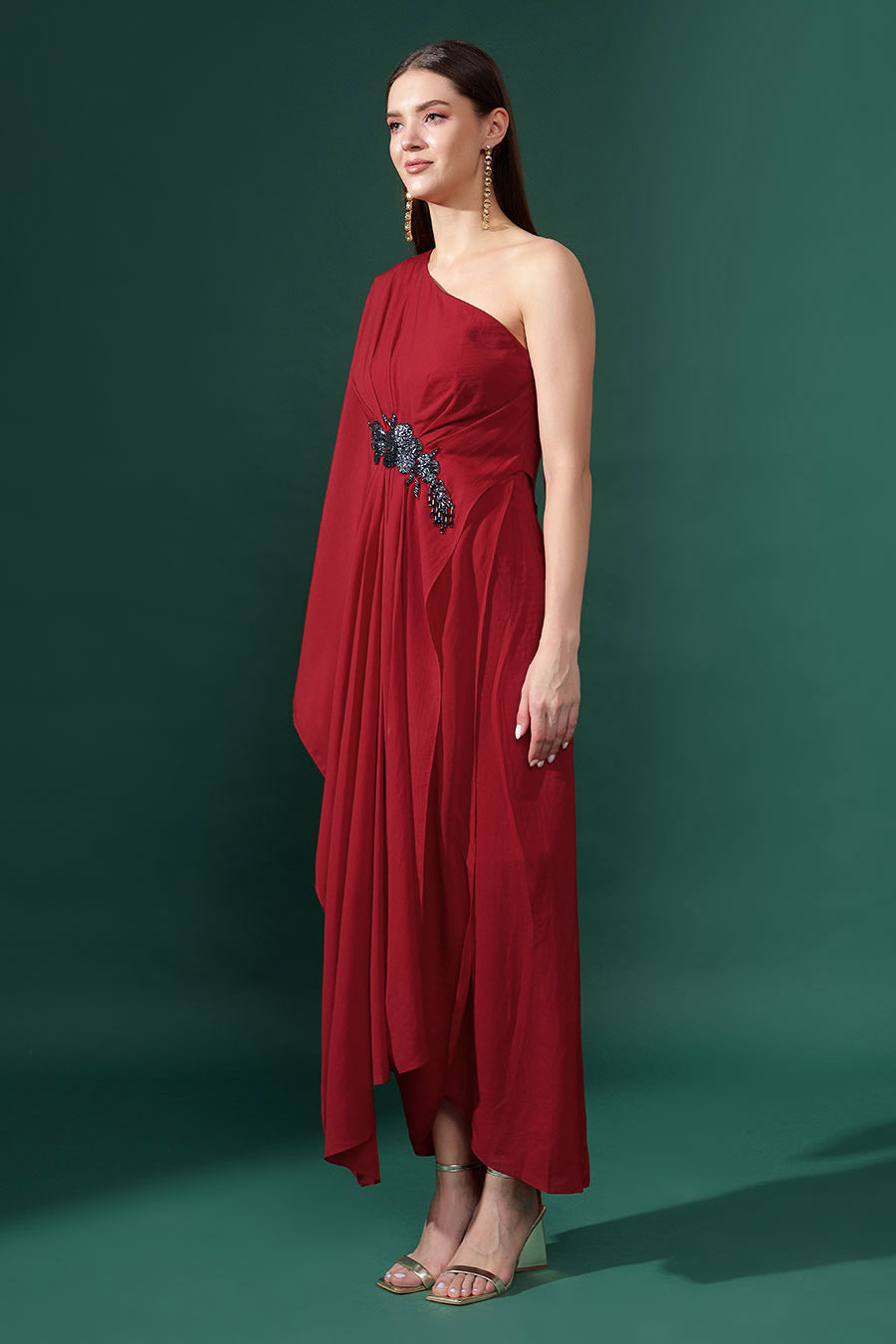 Red One-Shoulder Embellished Drape Dress