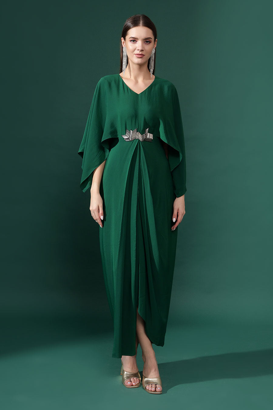 Bottle Green Metallic Embellished Drape Dress