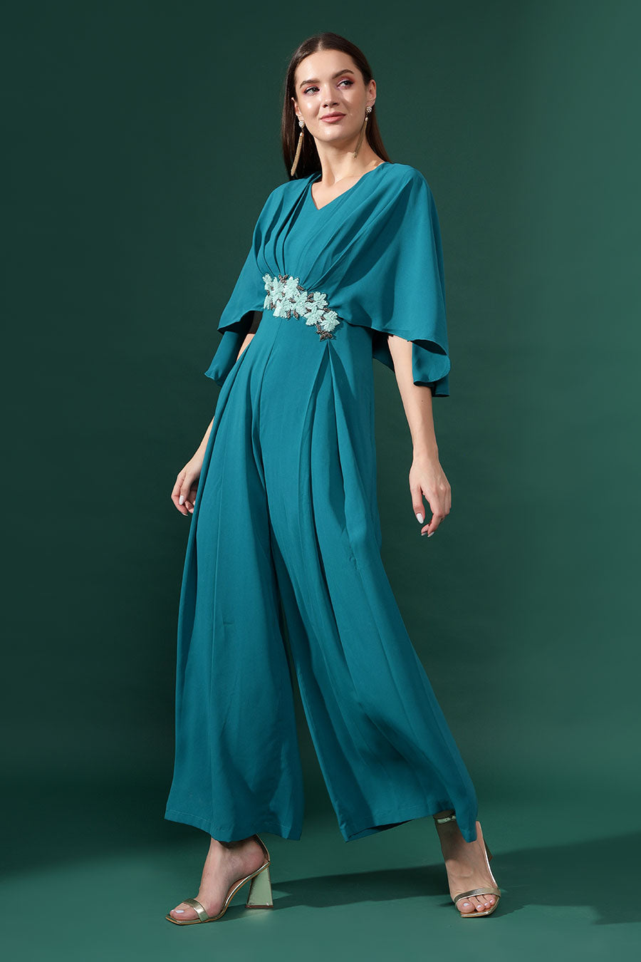 Sea Blue Floral Embellished Pleated Jumpsuit