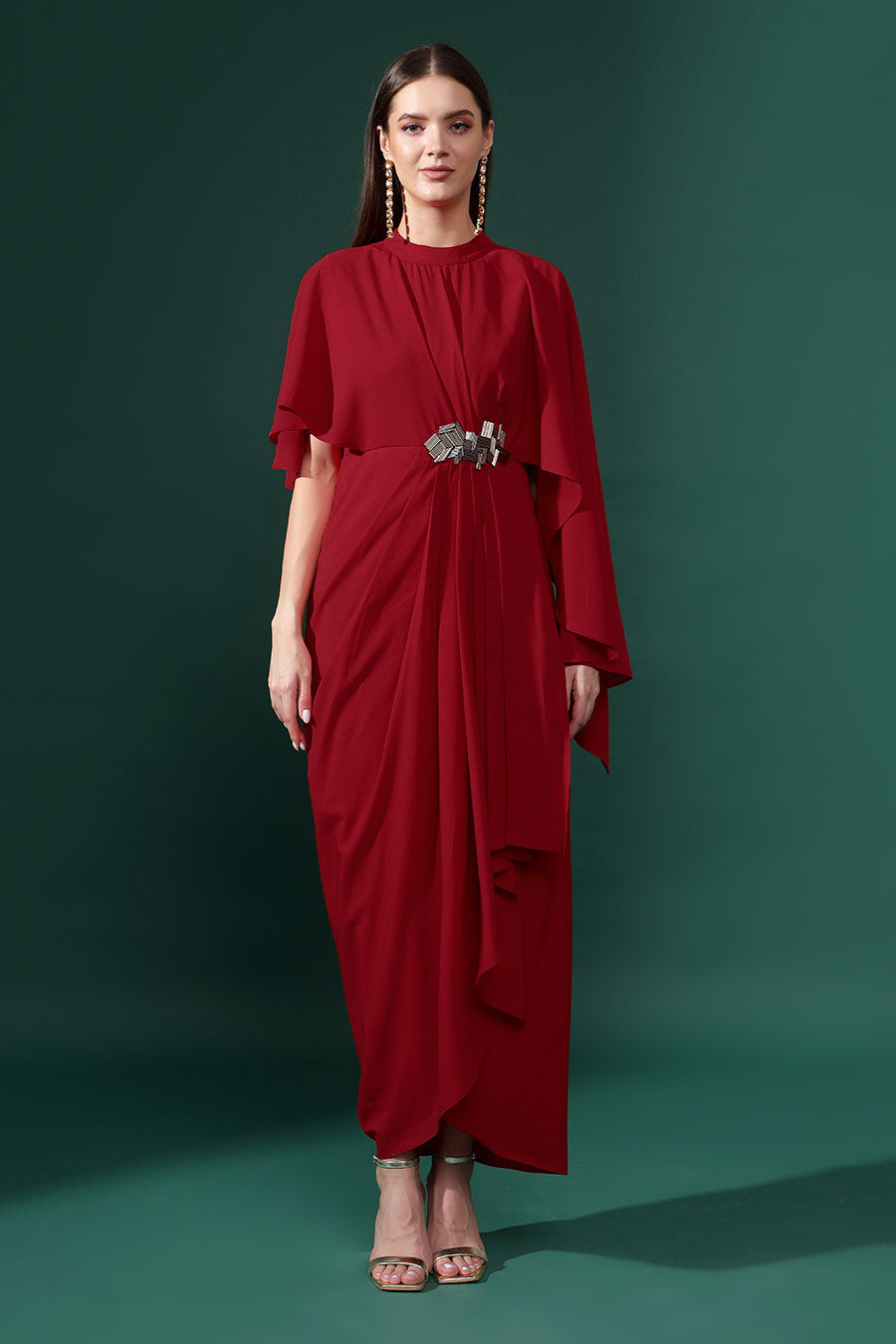 Red Embroidered Drape Dress