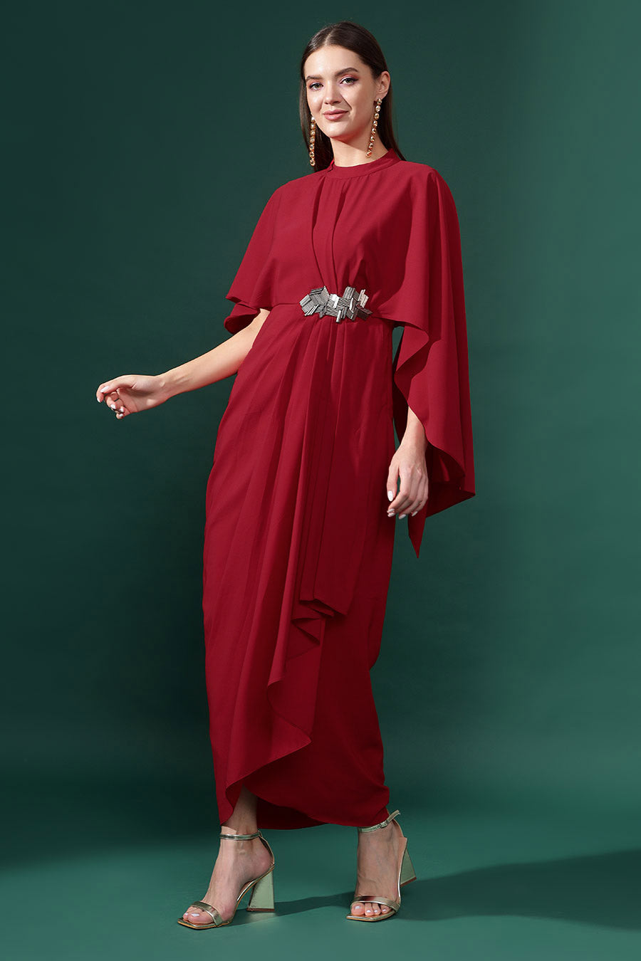 Red Embroidered Drape Dress