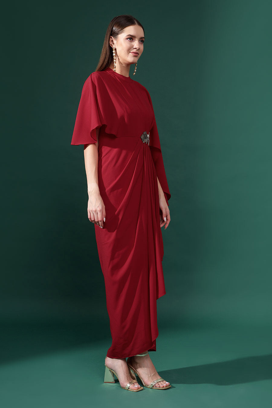 Red Embroidered Drape Dress