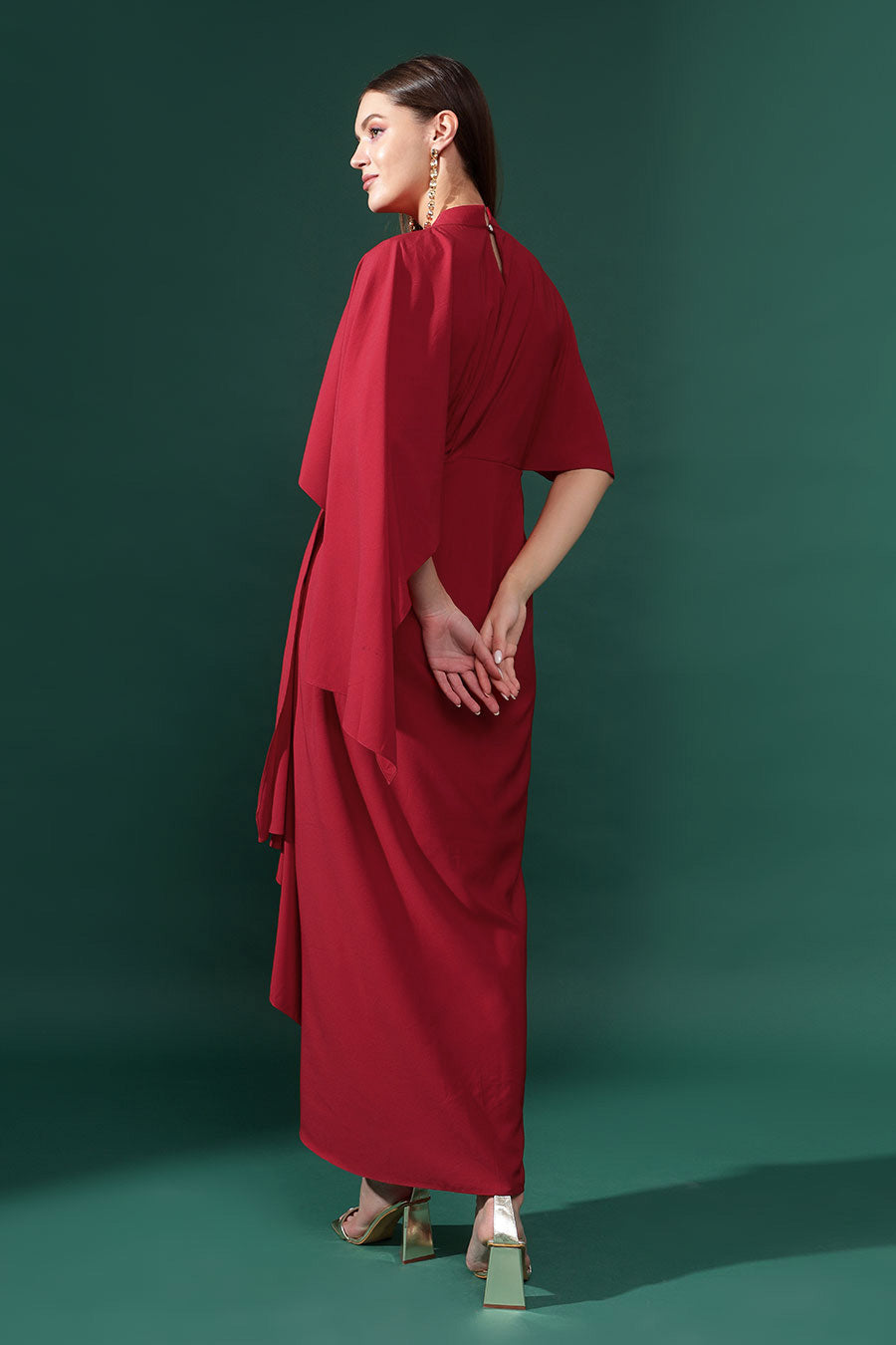 Red Embroidered Drape Dress