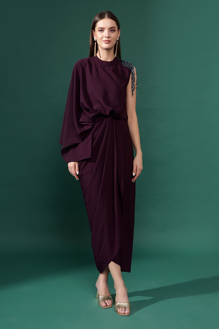 Purple Embellished Draped Dress