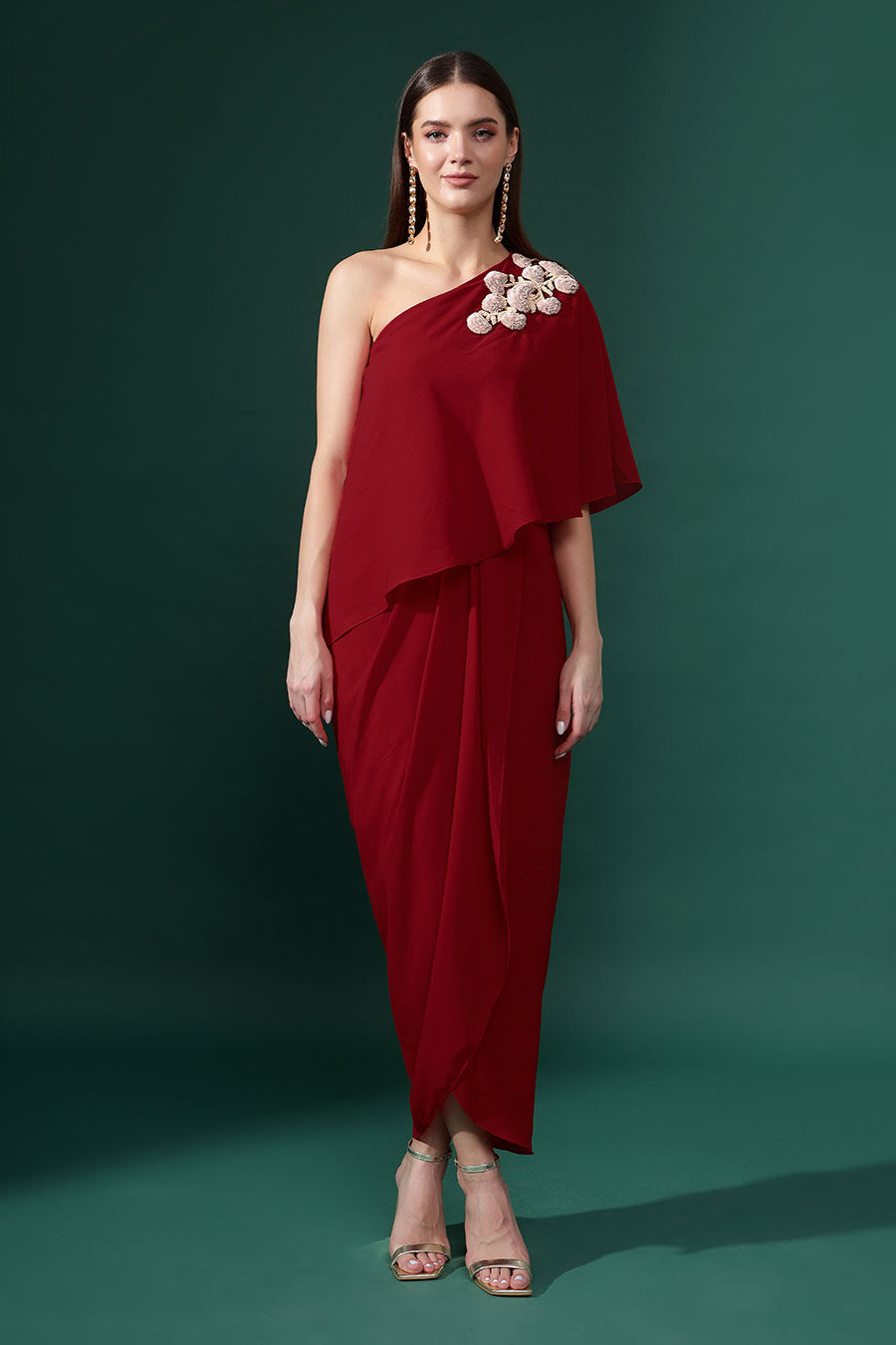 Red One-Shoulder Embellished Drape Dress