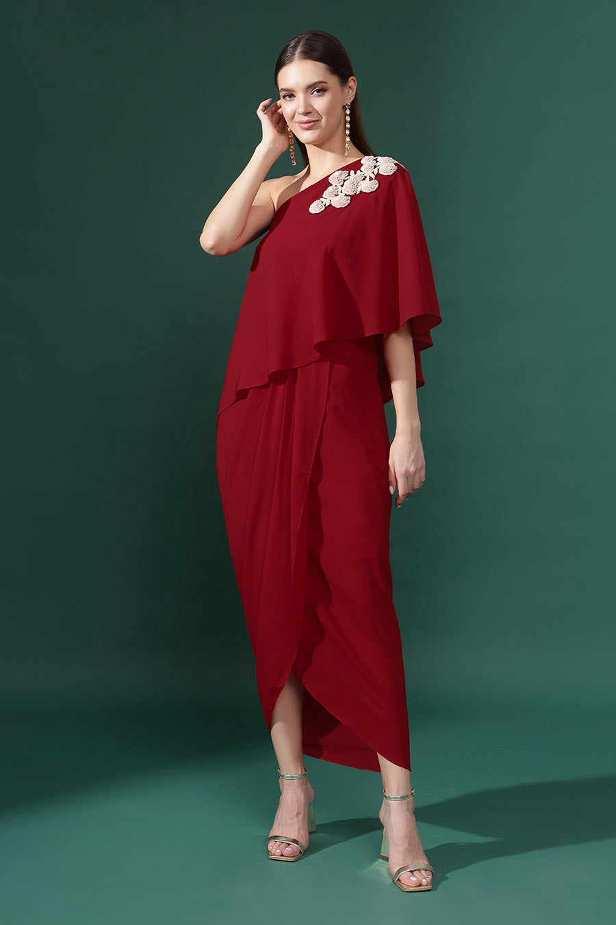 Red One-Shoulder Embellished Drape Dress