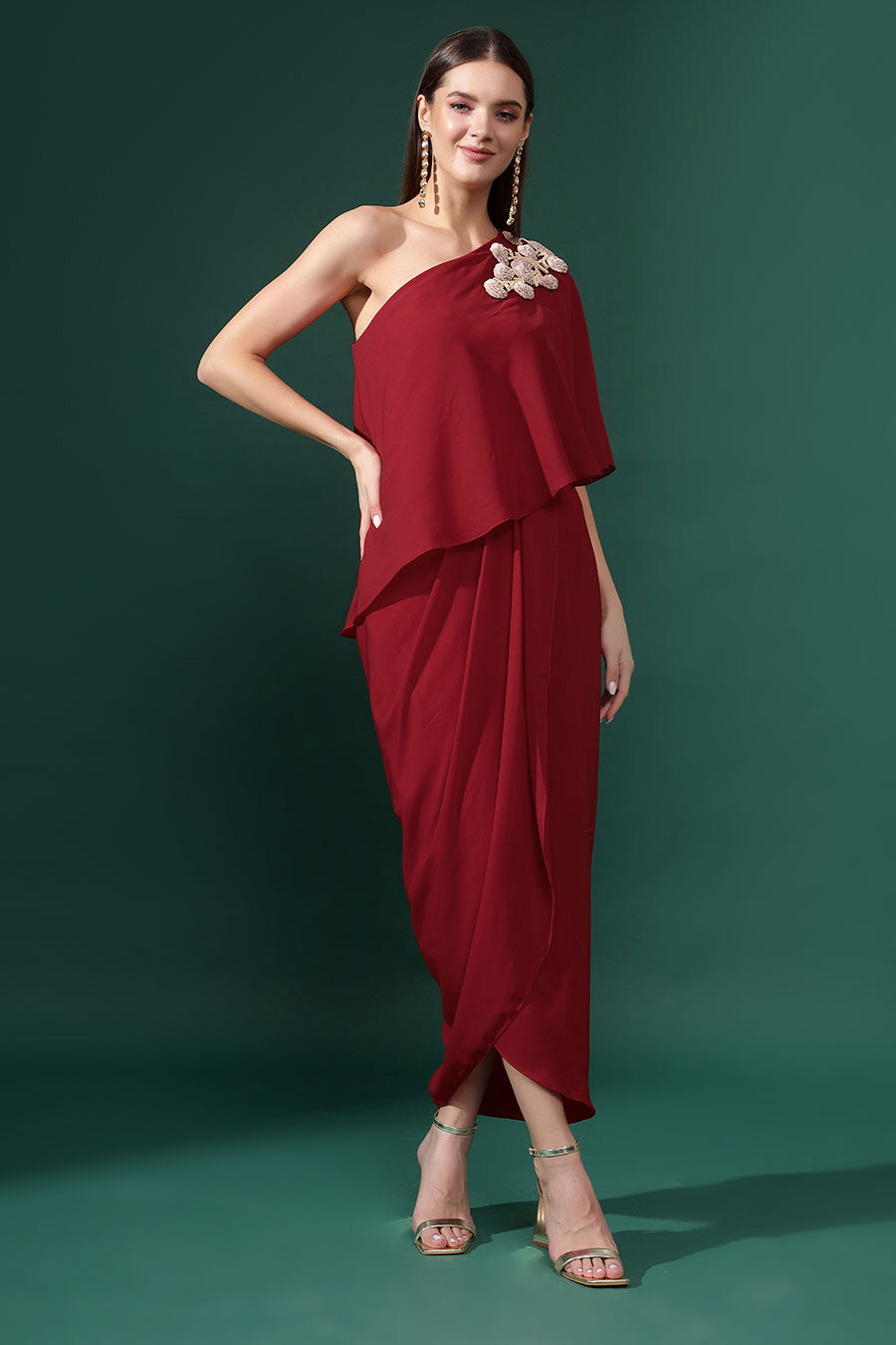 Red One-Shoulder Embellished Drape Dress