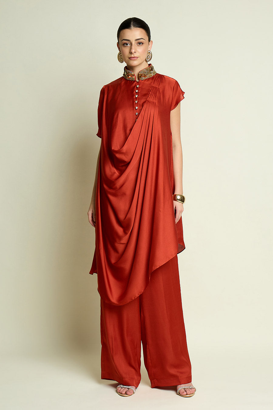 Rust Embellished Drape Tunic Co-Ord Set