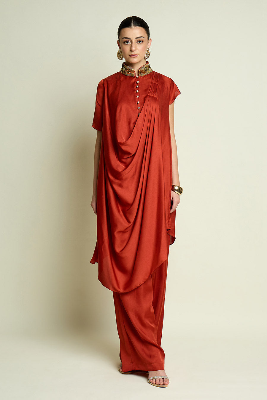 Rust Embellished Drape Tunic Co-Ord Set