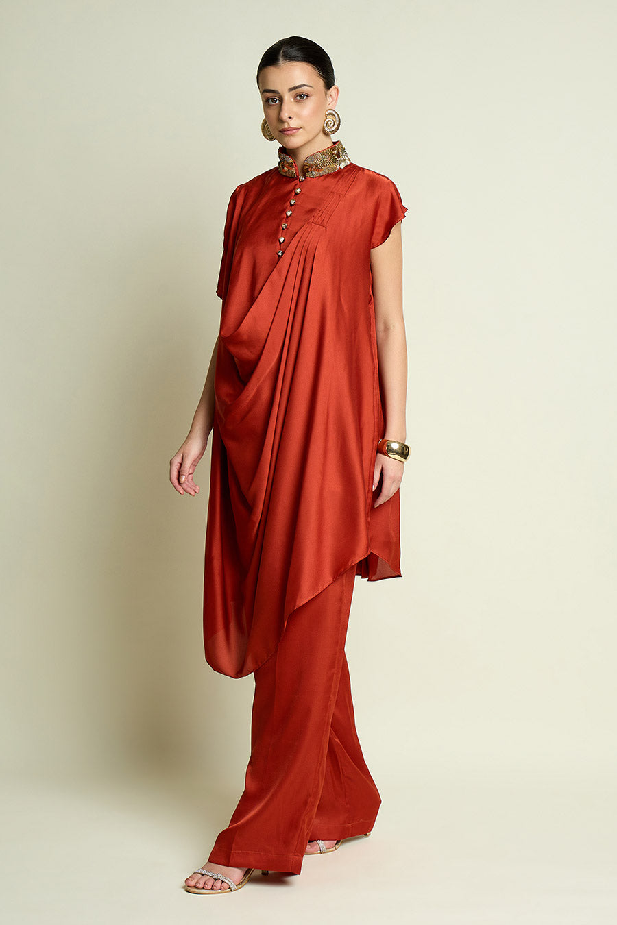 Rust Embellished Drape Tunic Co-Ord Set