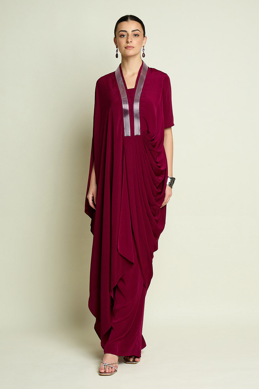 Ruby Red Metallic Embellished Tunic Co-Ord Set