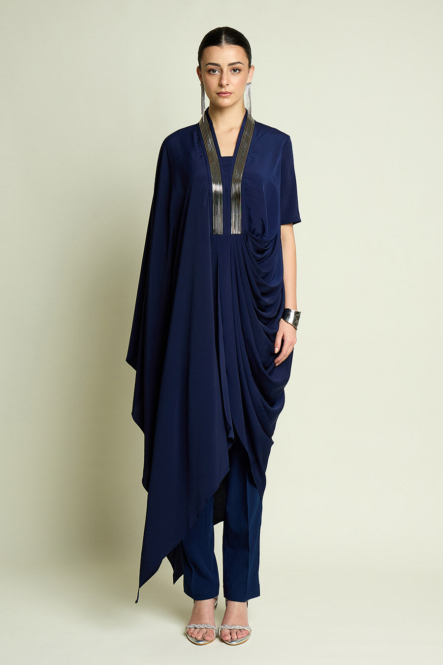 Navy Blue Metallic Embellished Tunic Co-Ord Set