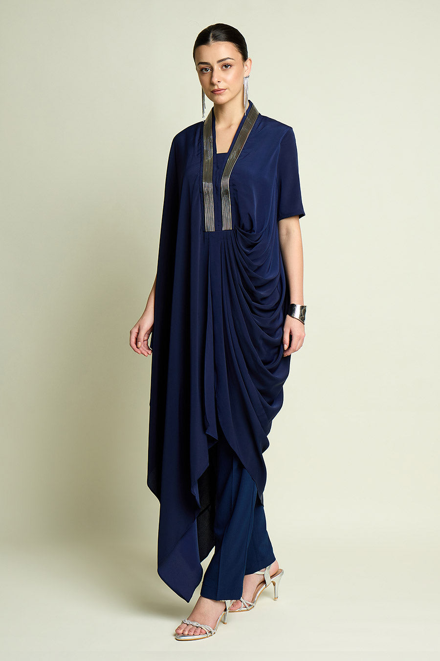 Navy Blue Metallic Embellished Tunic Co-Ord Set