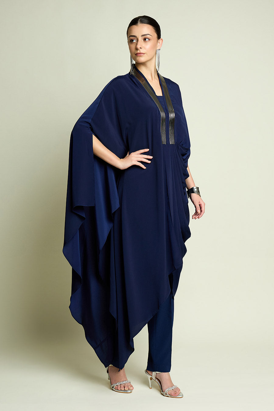 Navy Blue Metallic Embellished Tunic Co-Ord Set