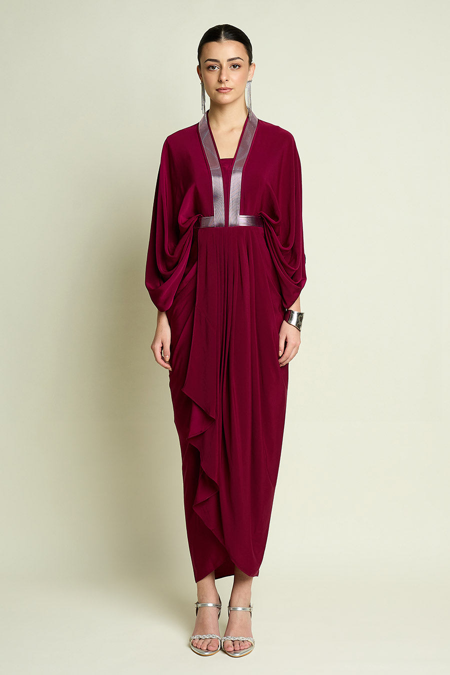 Ruby Red Metallic Embellished Drape Dress