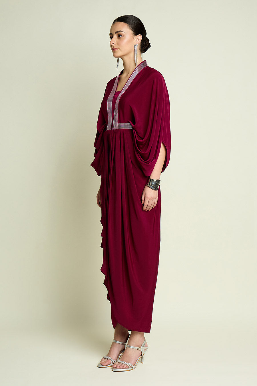 Ruby Red Metallic Embellished Drape Dress