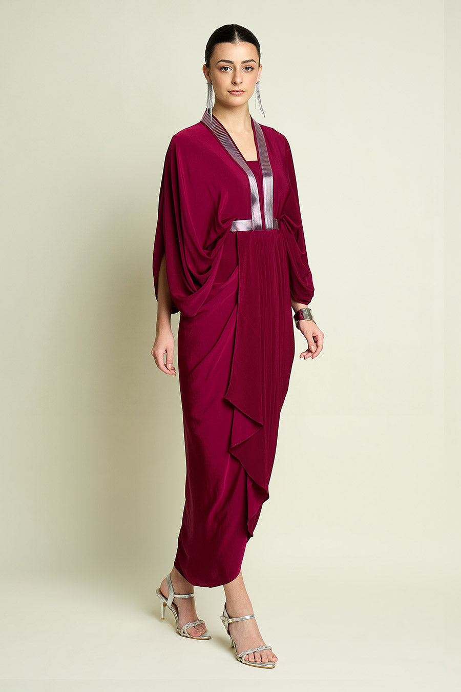 Ruby Red Metallic Embellished Drape Dress