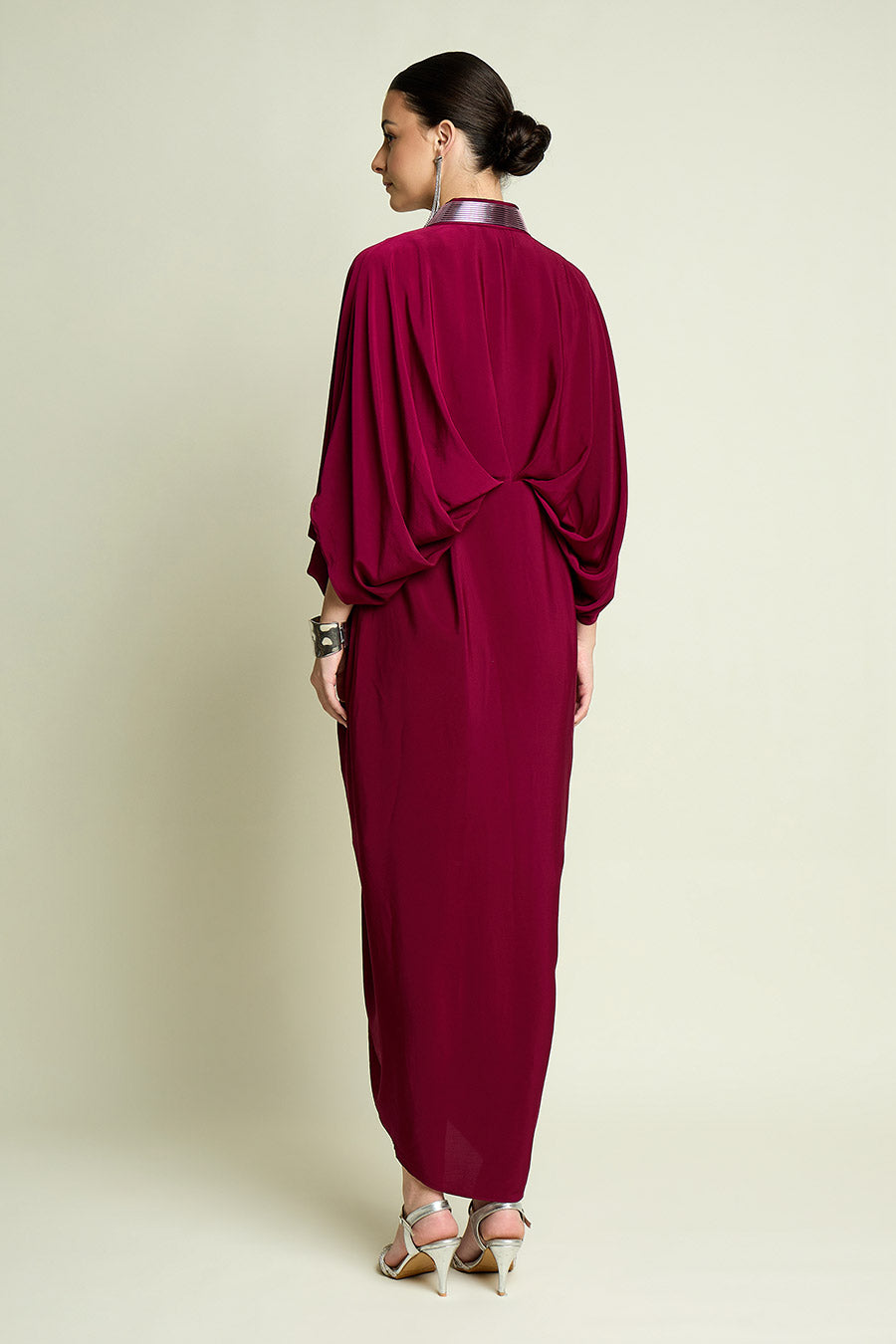 Ruby Red Metallic Embellished Drape Dress