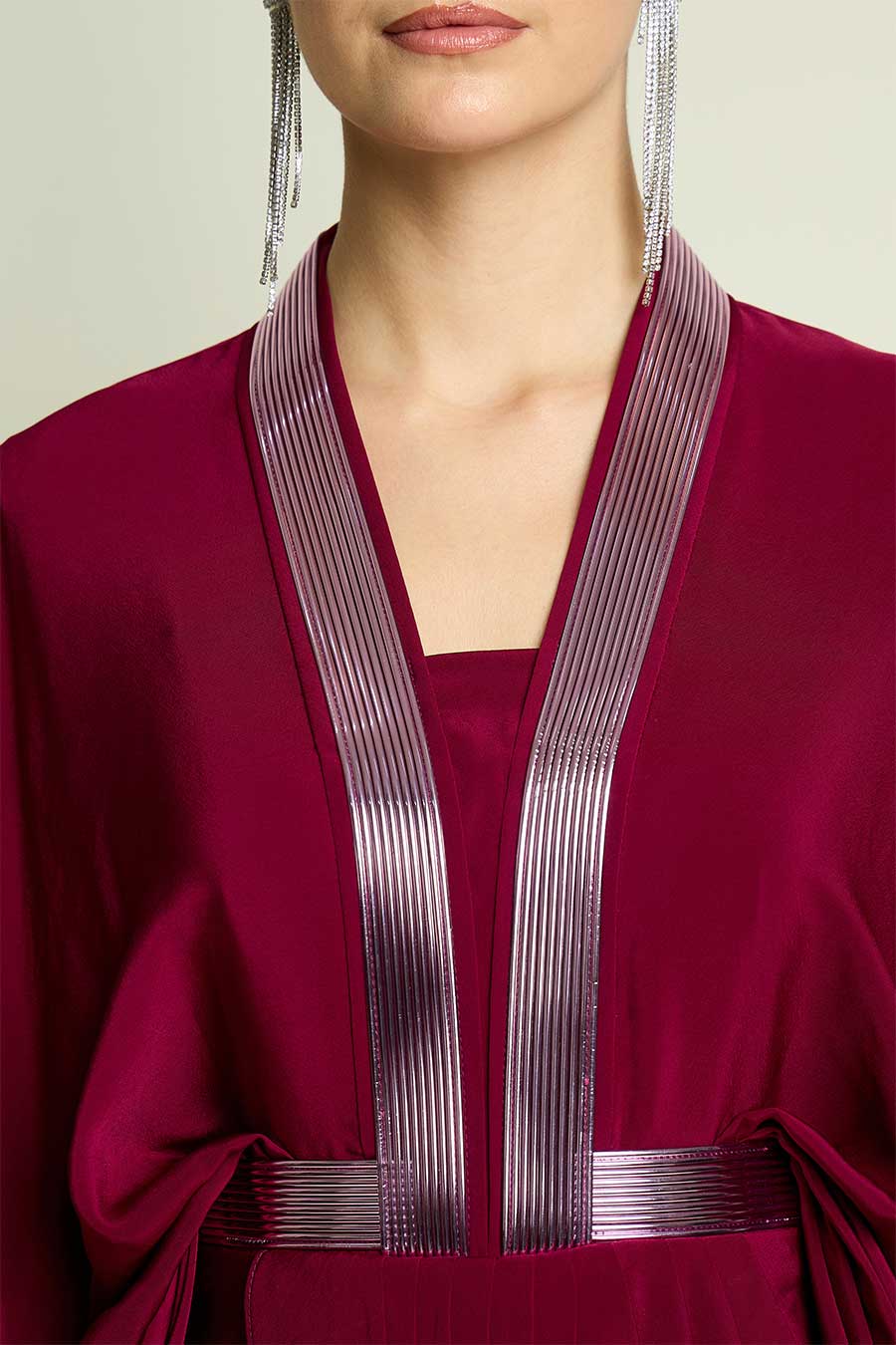 Ruby Red Metallic Embellished Drape Dress