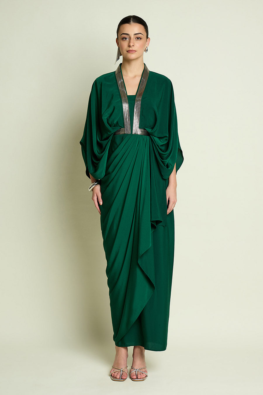 Emerald Metallic Embellished Drape Dress