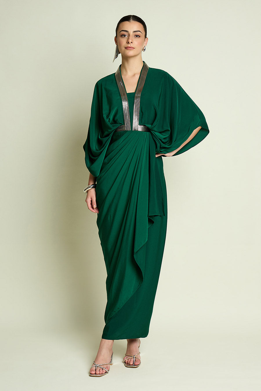 Emerald Metallic Embellished Drape Dress