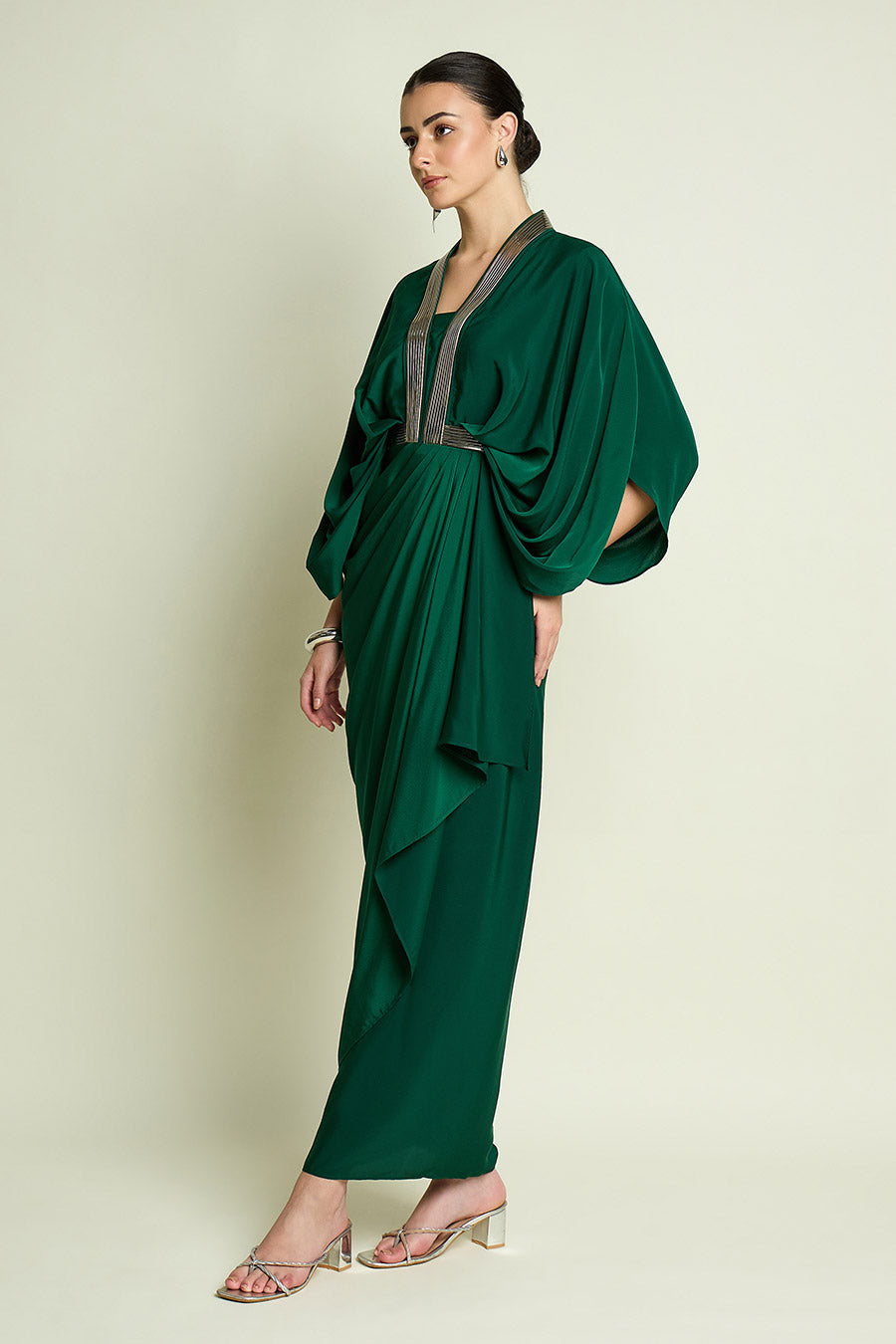 Emerald Metallic Embellished Drape Dress