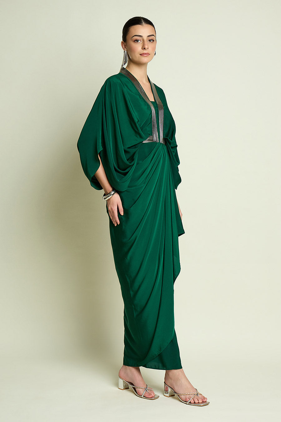 Emerald Metallic Embellished Drape Dress