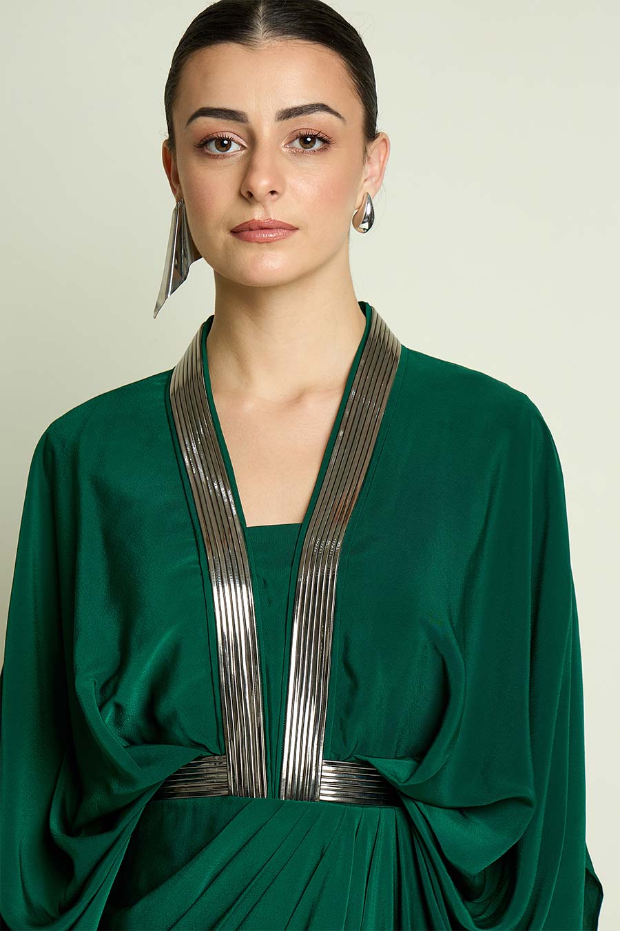 Emerald Metallic Embellished Drape Dress