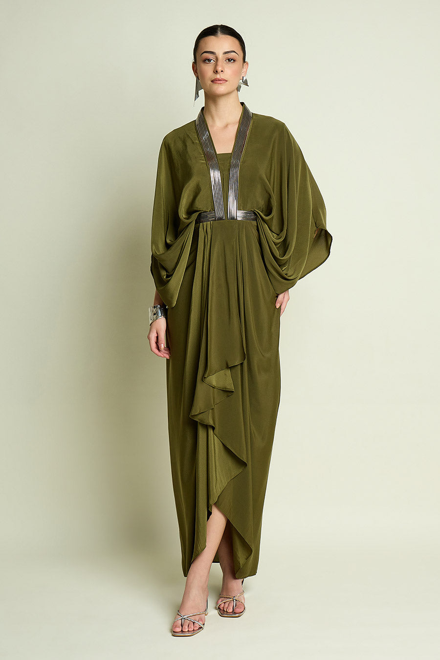 Olive Metallic Embellished Drape Dress