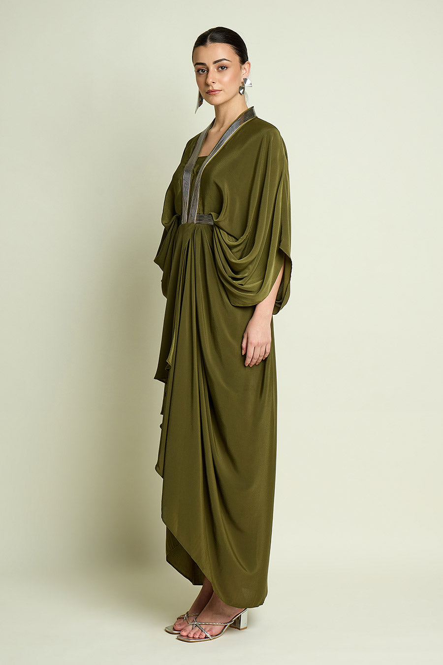 Olive Metallic Embellished Drape Dress