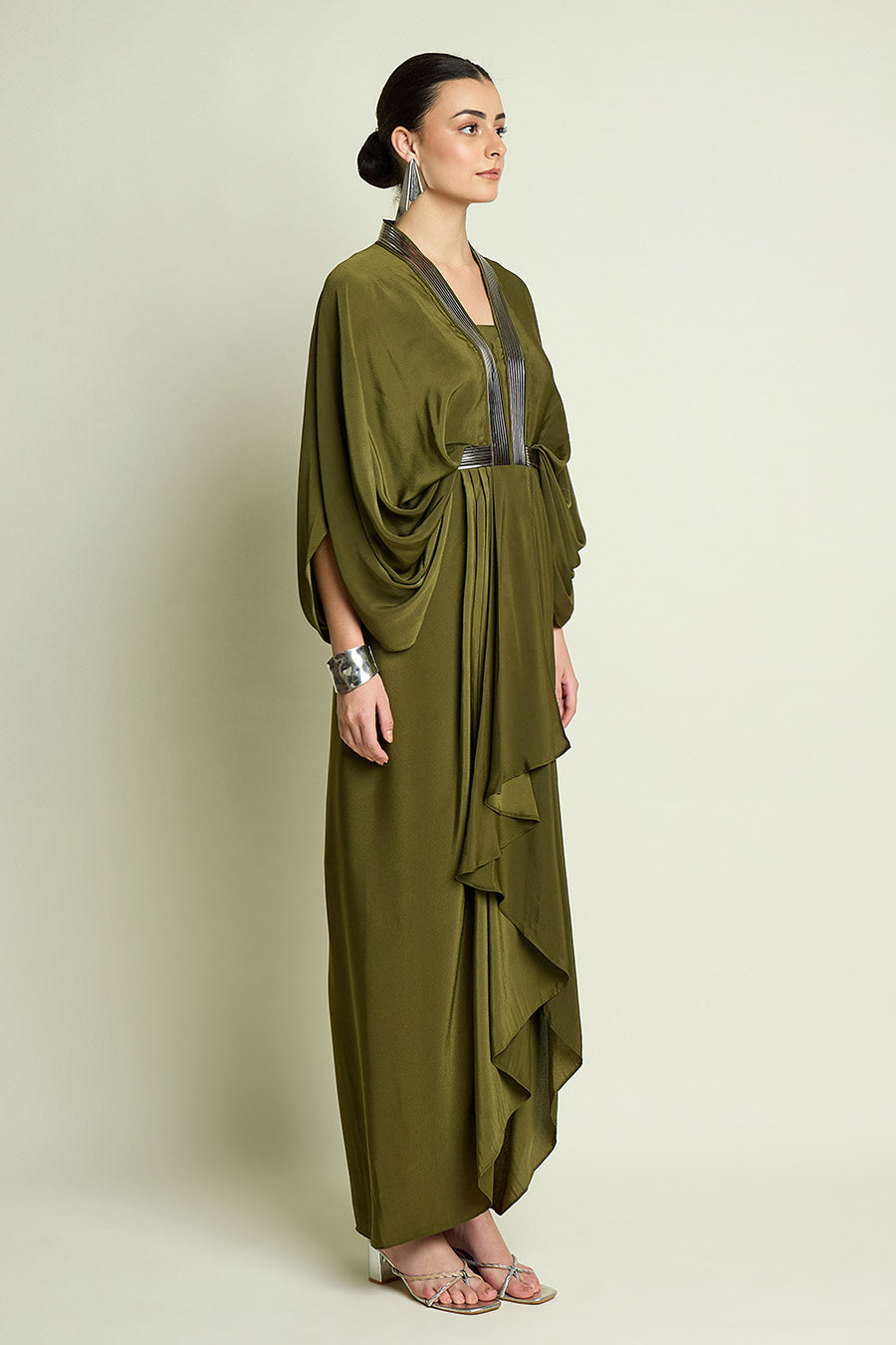 Olive Metallic Embellished Drape Dress