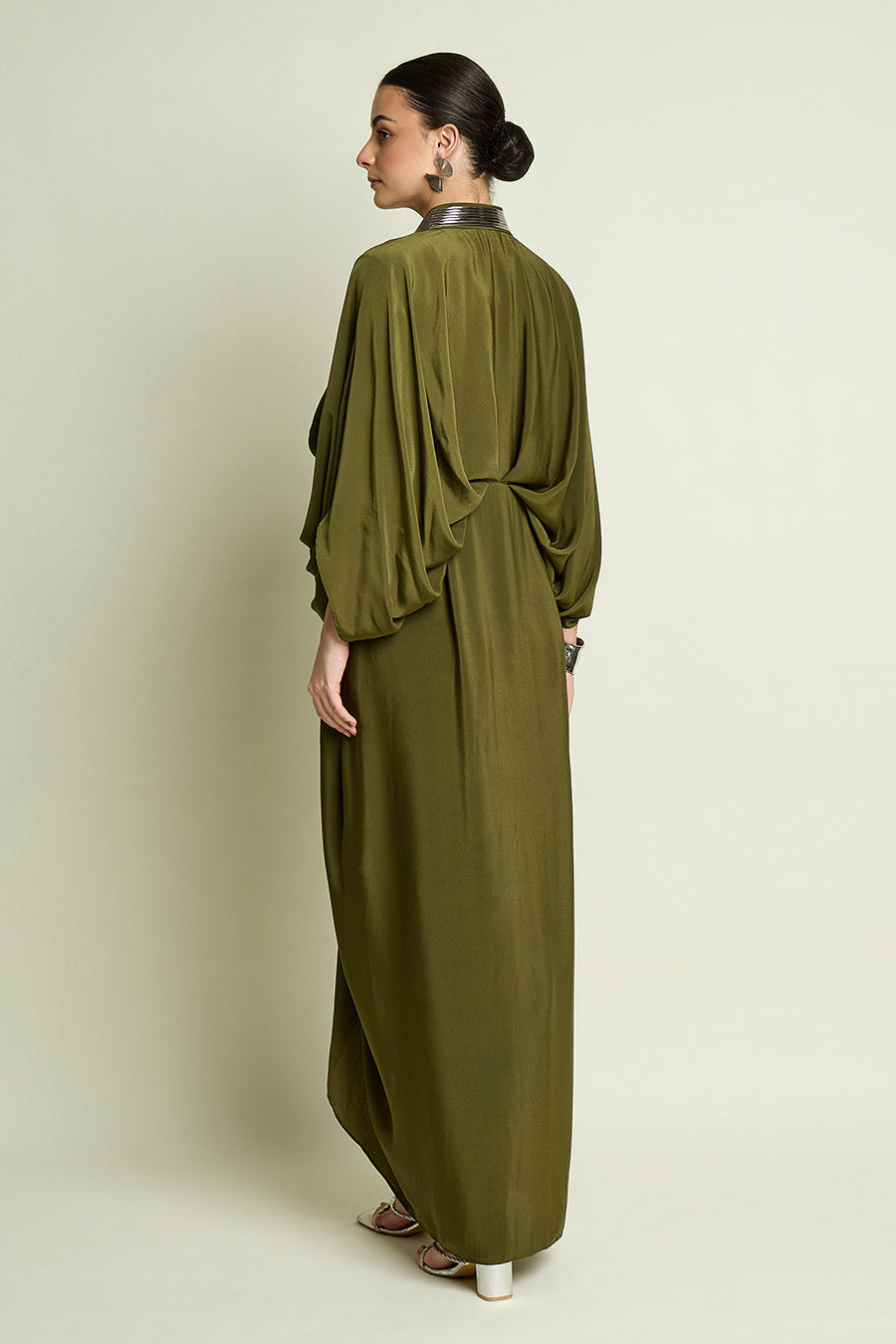 Olive Metallic Embellished Drape Dress