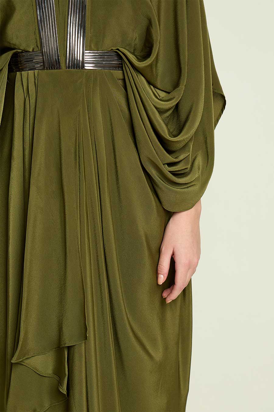 Olive Metallic Embellished Drape Dress