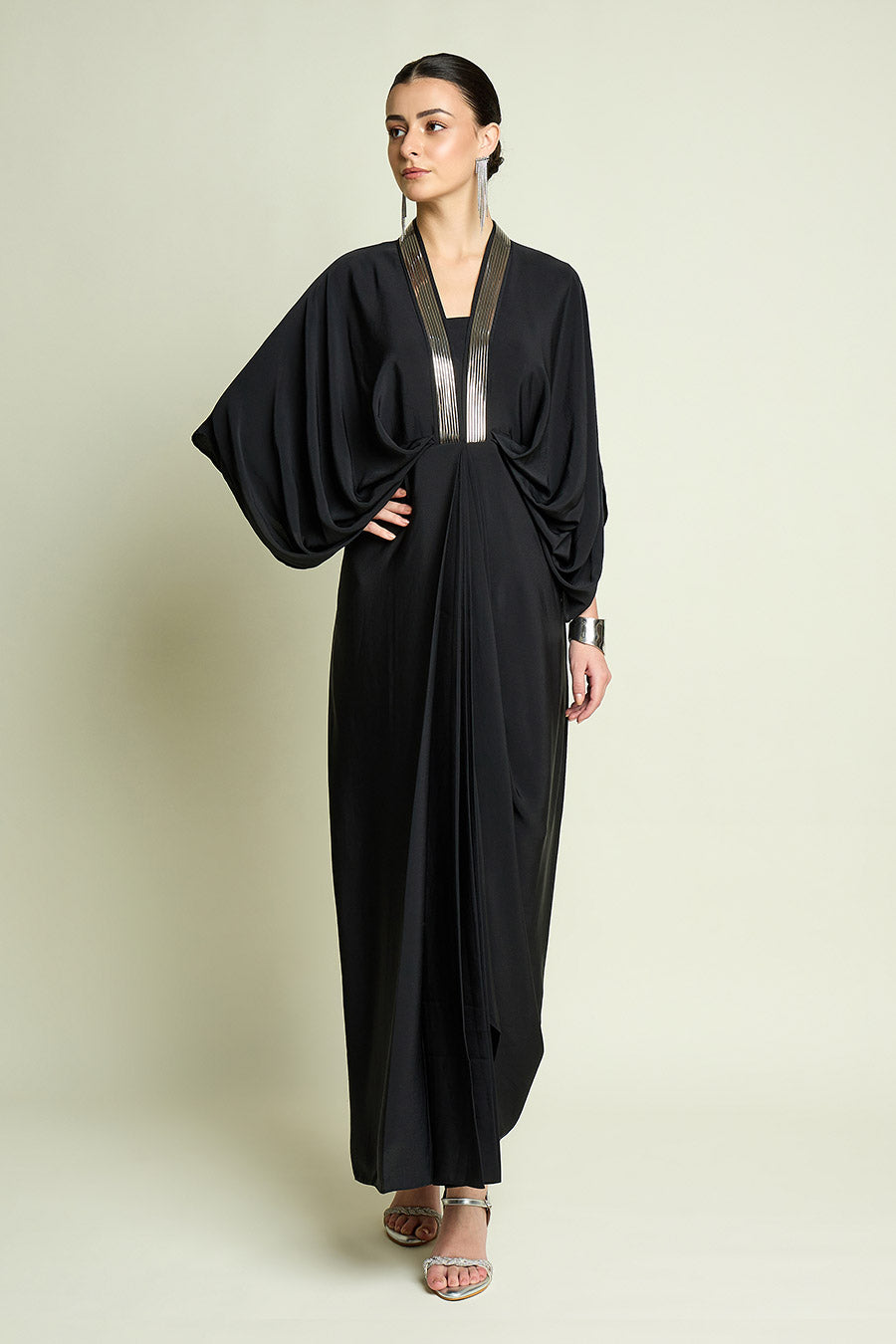 Black Noir Metallic Embellished Drape Dress