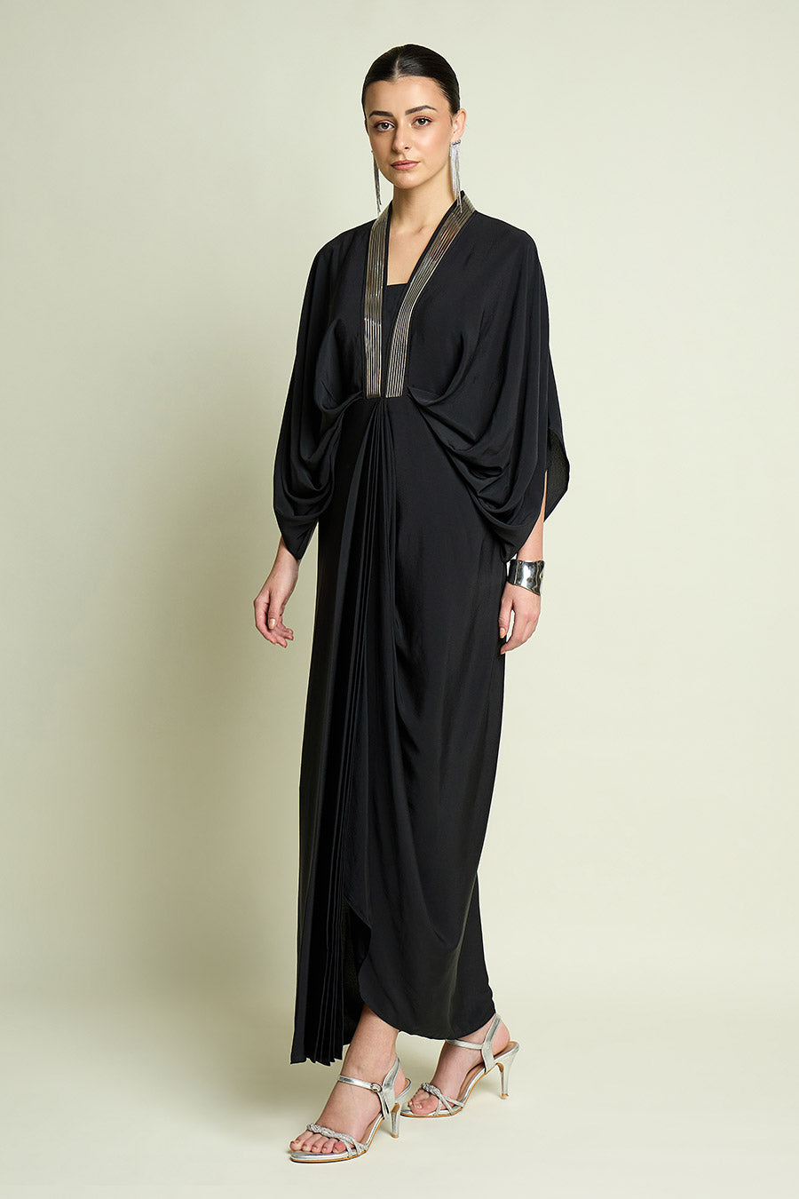 Black Noir Metallic Embellished Drape Dress