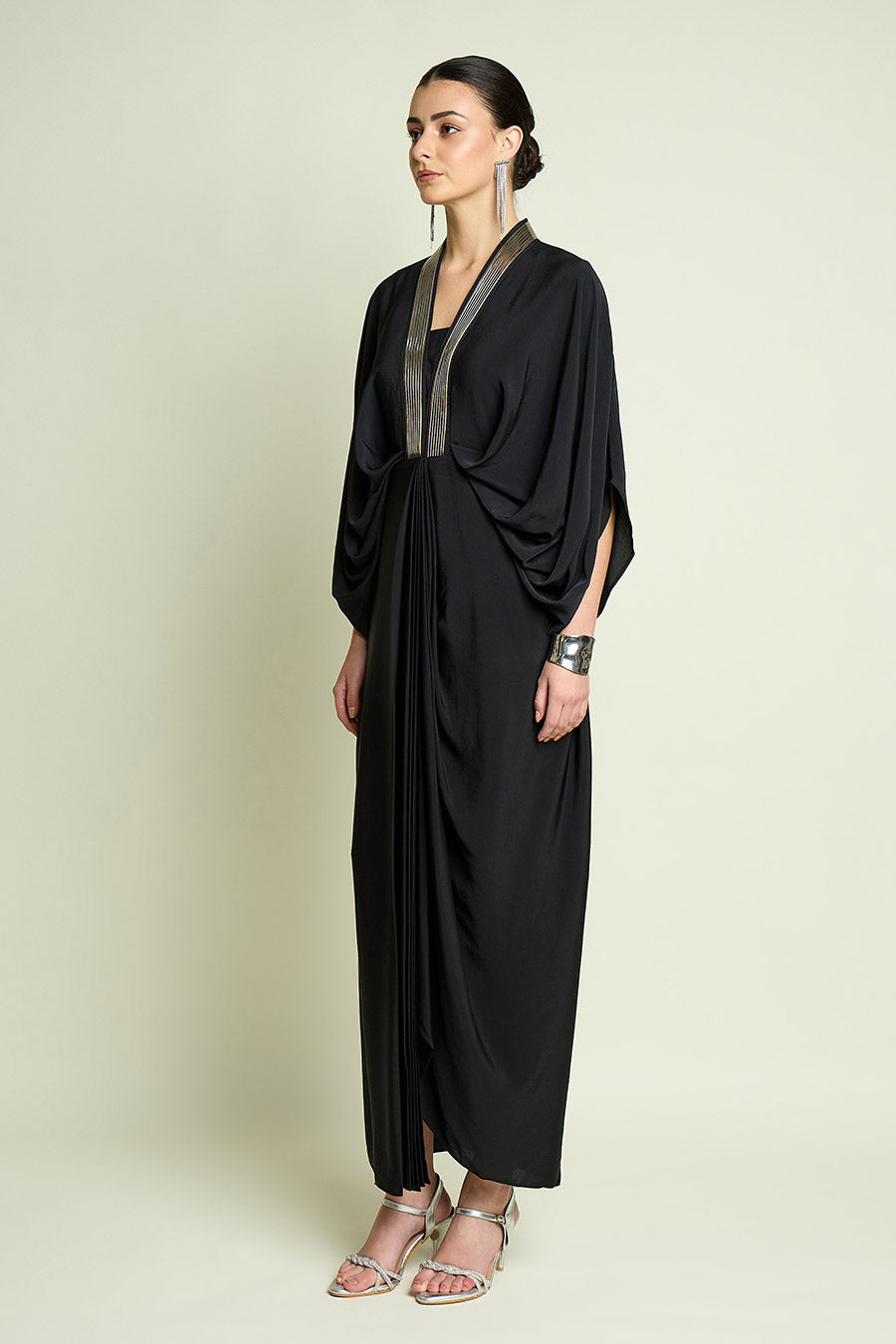 Black Noir Metallic Embellished Drape Dress