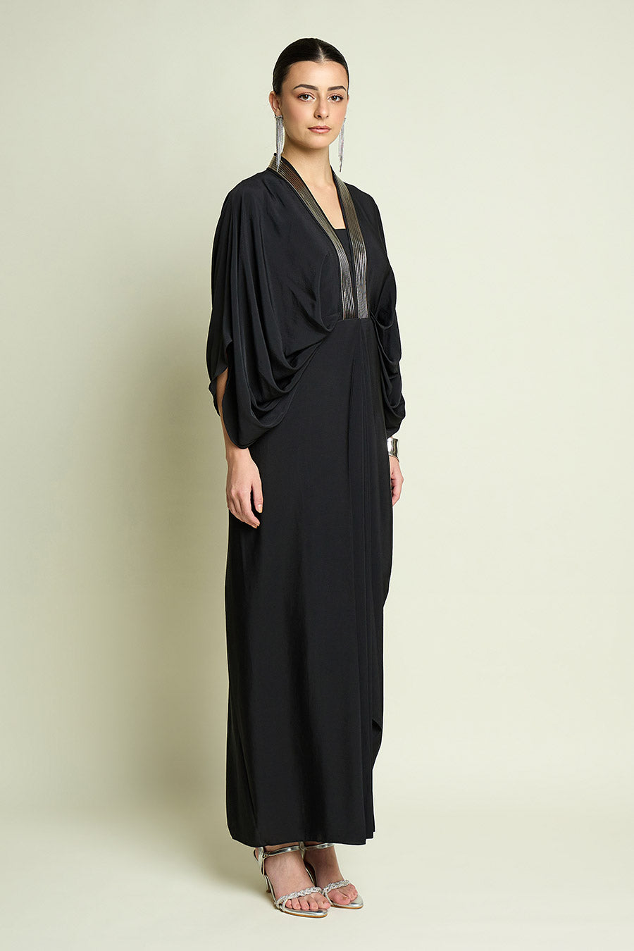 Black Noir Metallic Embellished Drape Dress