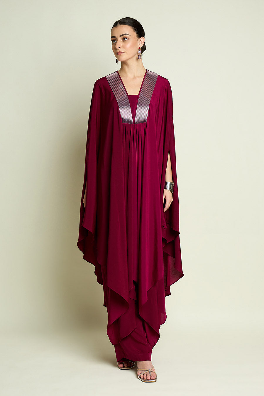 Ruby Red Metallic Embellished Kaftan & Pant Set