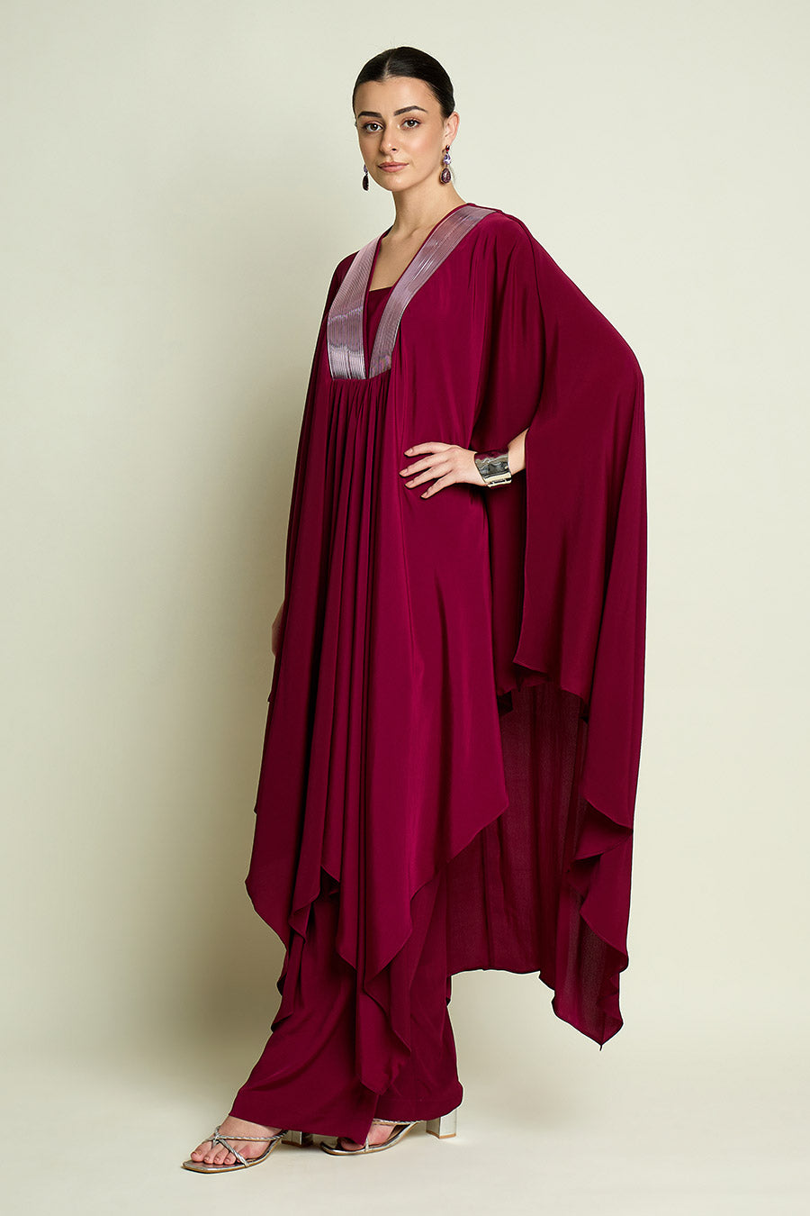 Ruby Red Metallic Embellished Kaftan & Pant Set