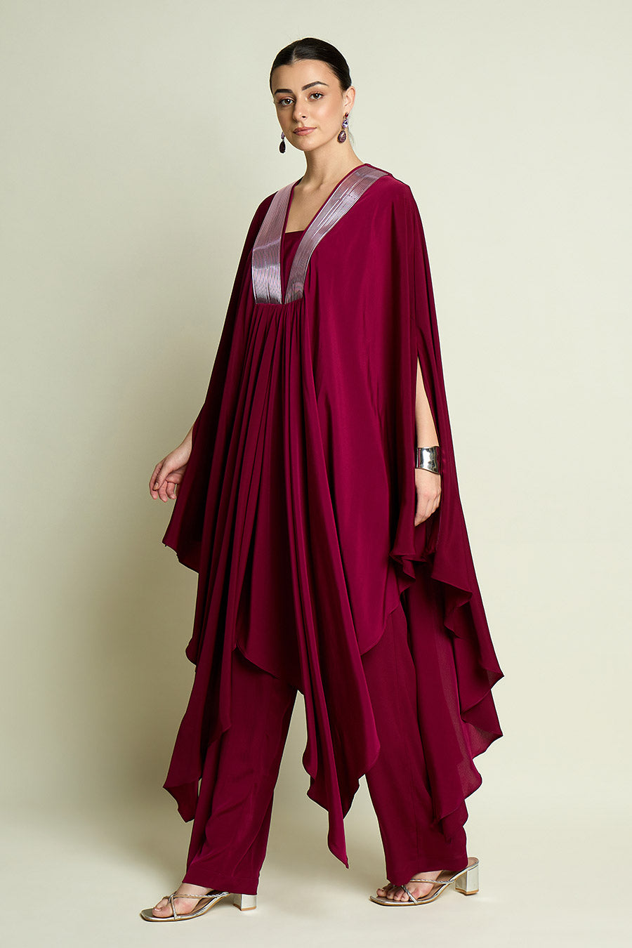 Ruby Red Metallic Embellished Kaftan & Pant Set