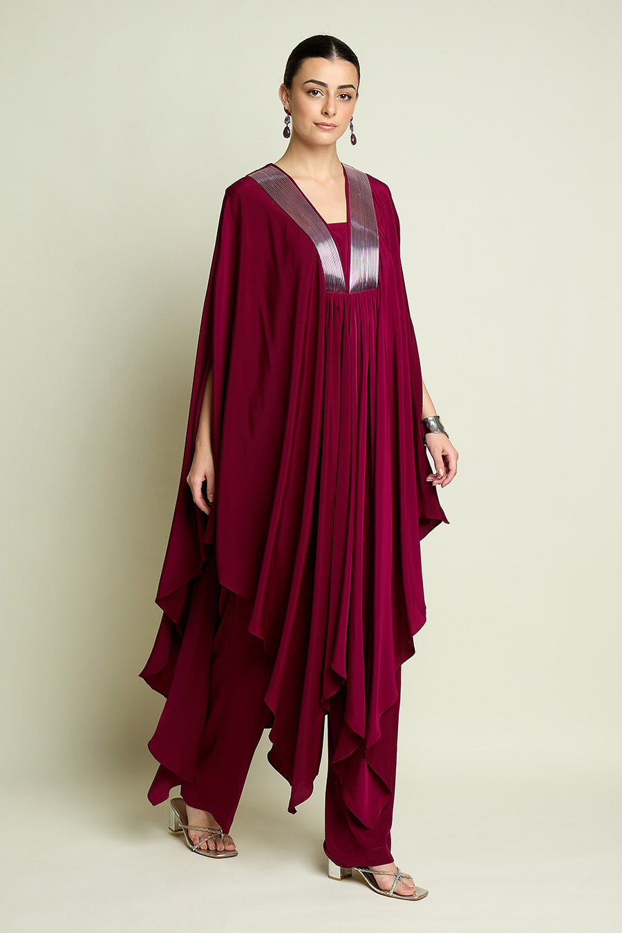 Ruby Red Metallic Embellished Kaftan & Pant Set