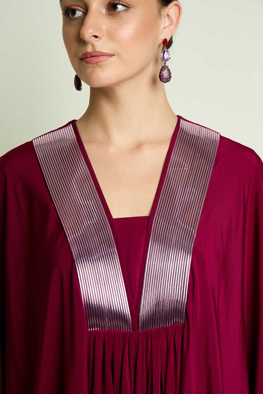 Ruby Red Metallic Embellished Kaftan & Pant Set