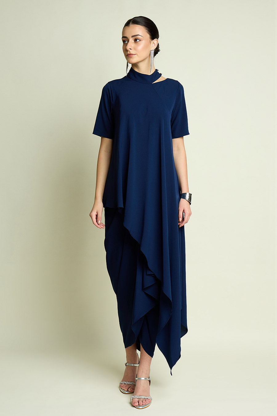 Navy Layered Cape Drape Dress