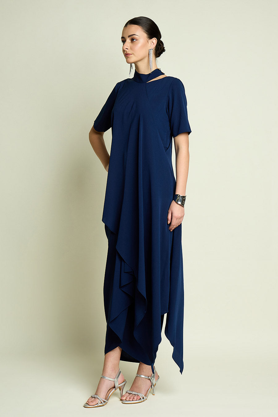 Navy Layered Cape Drape Dress